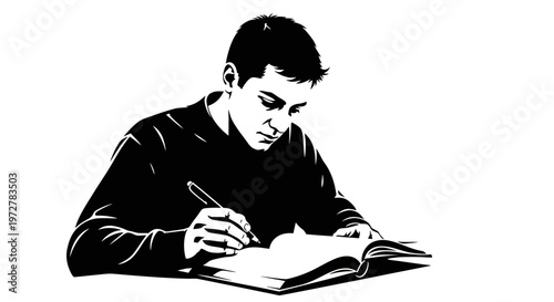 Focused Young Man Writing in a Notebook, Black and White Vector Illustration of Student Studying or Author Journaling