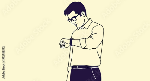 Minimalist Vector Illustration of a Man with Glasses Checking His Wristwatch for Punctuality and Time Management
