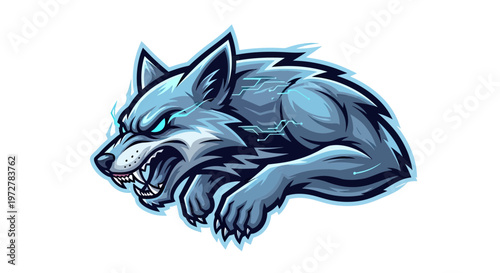 Fierce Cybernetic Wolf Mascot Logo Vector Illustration for E-sports and Gaming, Snarling Predator with Glowing Blue Eyes and Tech Patterns