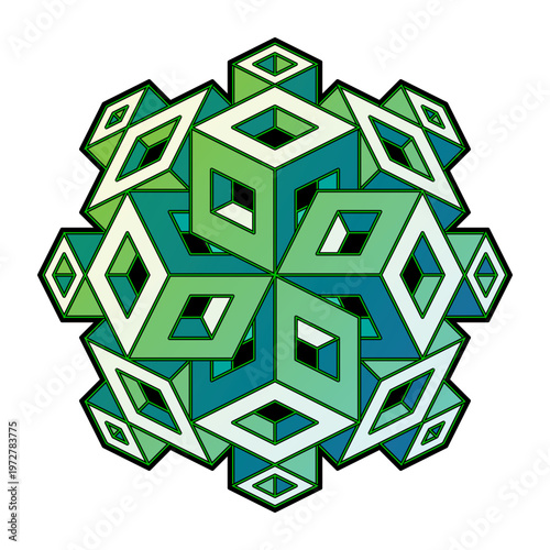 Geometric vintage of interweaving cubes. 3D optical illusion. Mathematical design. Printable template for modern print, t-shirt, embroidery, logo, fabric, decoration. Hand drawn vector illustration.