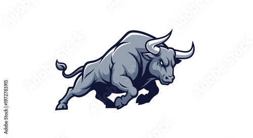 Powerful Charging Bull Vector Mascot Illustration, Strong Angry Bull Logo for Sports Teams or Business Finance Branding