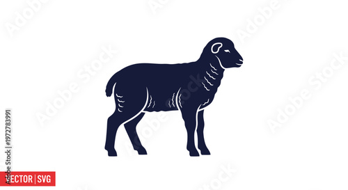 Dark Blue Silhouette of a Sheep Standing on White Background, Vector Art