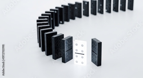 Domino effect with one domino standing out from the rest.