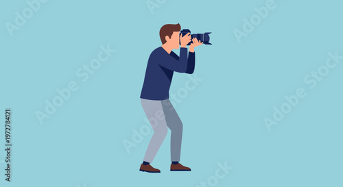 Male Photographer Taking Photo with Professional DSLR Camera Vector Illustration