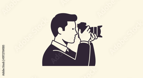 Professional Photographer Profile Silhouette Holding a Digital DSLR Camera and Taking a Picture - Minimalist Vector Illustration