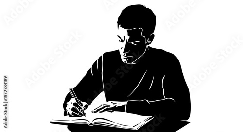 Concentrated Man Writing in a Notebook with a Pen, Black and White High-Contrast Silhouette Vector Illustration of a Student or Writer