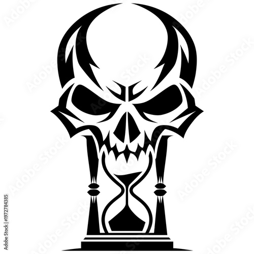 Vector Art Pirate Skull Emblem with Hourglass Symbol in Bold Outline Minimal Design