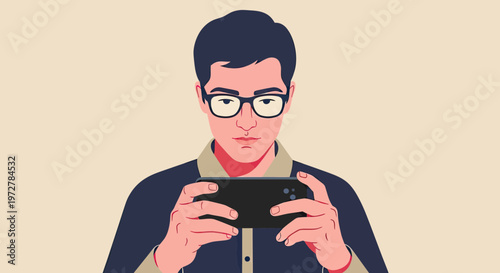 Young Man with Glasses Holding Smartphone Horizontally for Gaming or Watching Videos, Vector Illustration