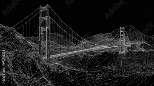 Golden Gate Bridge Wireframe Model Against Black Background For Architecture And Technology Concepts