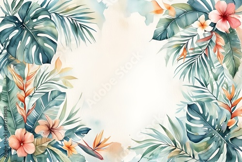 Fresh Exotic Jungle Background with Copy Space Menu Border Made of Tropical Leaves & Flowers. Watercolor For Summer Vibes Greeting Cards Posters Banners Placards Cafe Coffee Shop Hawaii Bar Restaurant
