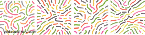 Colorful Abstract Wavy Lines Pattern Set on White Background, Hand Drawn Doodle Style