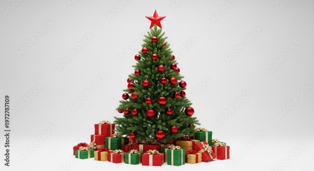 Naklejka premium Festive Christmas Tree with Red Ornaments and Gift Boxes.