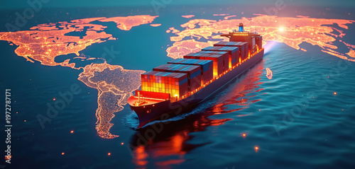 Container ship sails on ocean past glowing world map showing global trade routes. Modern logistic vessel carries cargo across blue sea. International transport network concept with digital data