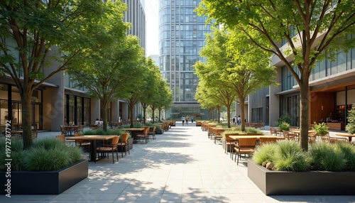Outdoor plaza with green trees modern buildings cafe tables and chairs. People walk on pavement, enjoy open air dining area with landscaping grass planters. Sunny day scene.