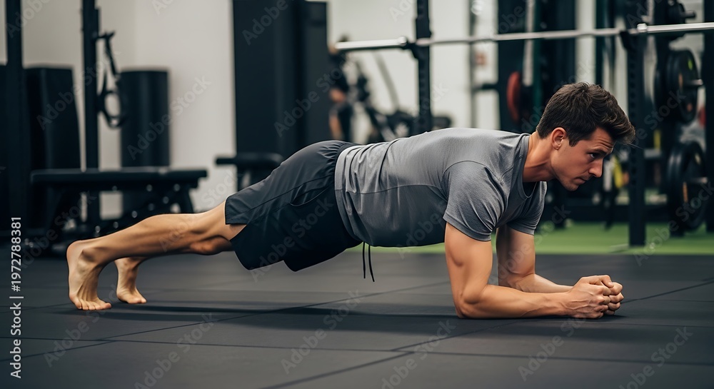 Fototapeta premium Man doing a plank exercise in gym.