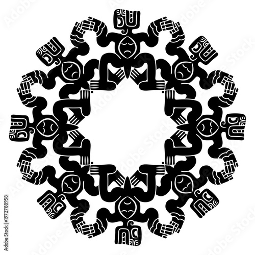 Geometrical ethnic frame with fantastic figurines. Native American indigenous design from ancient Peru. Black and white silhouette.