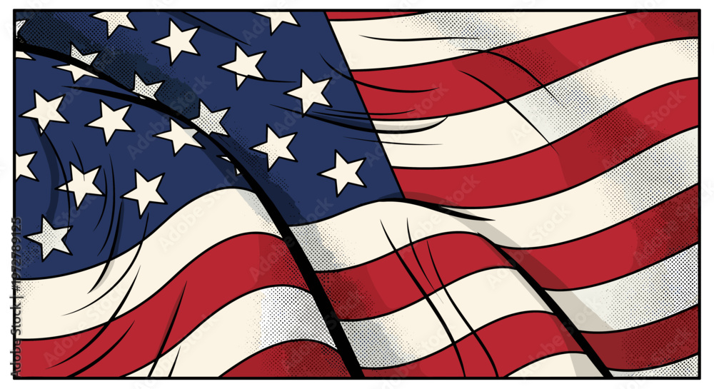 Fototapeta premium Vintage comic style american flag waving in red white and blue