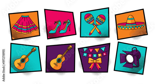 Colorful pop art mexican fiesta elements with instruments and apparel