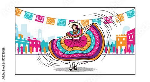 Colorful mexican folklore dance in vibrant urban setting with festive