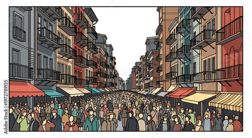 Busy urban street with diverse crowd and colorful buildings in a