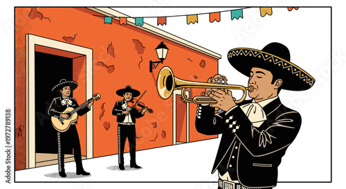 Vibrant mexican musicians performing traditional songs in colorful