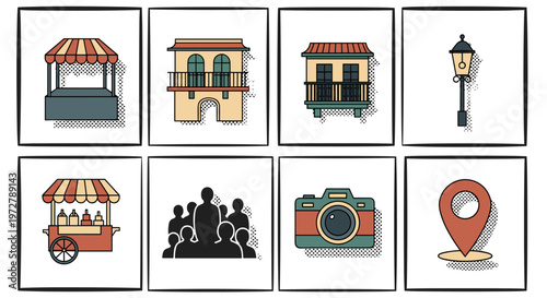 Vintage street scene elements in retro style: lamps stalls and