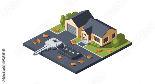 Isometric house with car key and autumn leaves on driveway