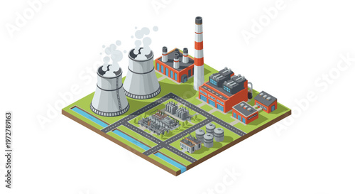 Isometric industrial power plant with cooling towers and chimney