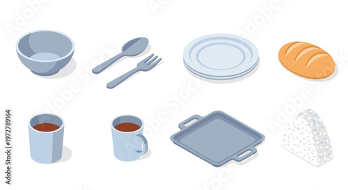 Isometric kitchenware set featuring bowl cutlery plates bread cups