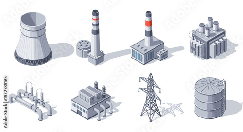 Isometric energy infrastructure icons: power plant transmission tower
