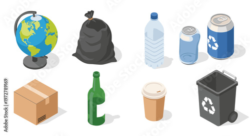 Isometric recycling concept with earth waste and recyclables