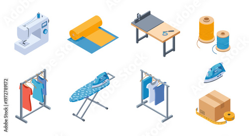 Isometric laundry and sewing equipment set for tailors and fashion