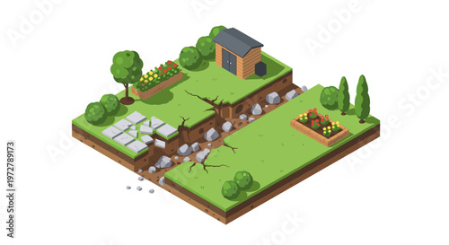 Isometric garden with earthquake cracks and vegetation