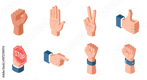 Isometric hand gestures collection: fist stop thumbs up victory