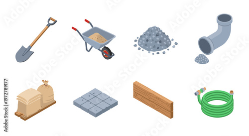 Isometric construction tools and materials set with shovel