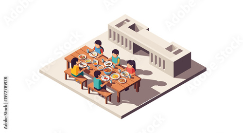 Isometric school dining concept with students enjoying lunch outdoors