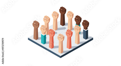 Raised fists in solidarity isometric design for unity and diversity
