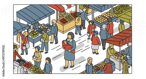 Bustling outdoor market scene with people shopping and selling fresh