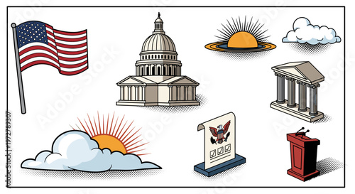 Iconic american symbols in retro comic style: capitol building flag