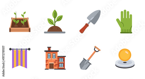 Gardening essentials icons set with tools and plants
