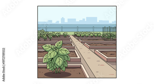 Urban community garden: raised beds and cityscape in background