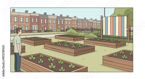 Community urban garden with raised beds and row houses in background