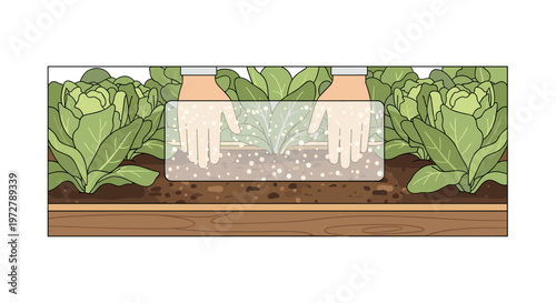 Gardening hands growing vegetables in raised bed with soil and lettuce
