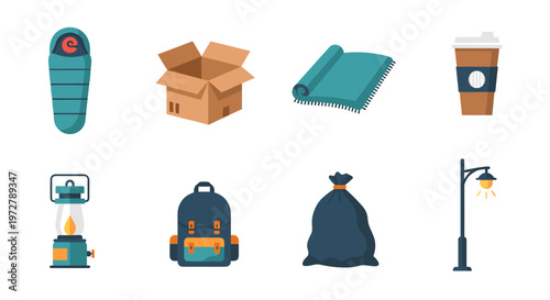 Essential outdoor icons: camping gear and urban elements in flat