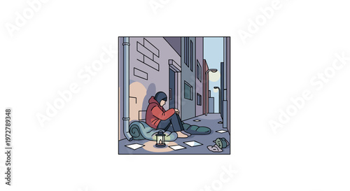 Urban night scene with lonely figure in a city alleyway