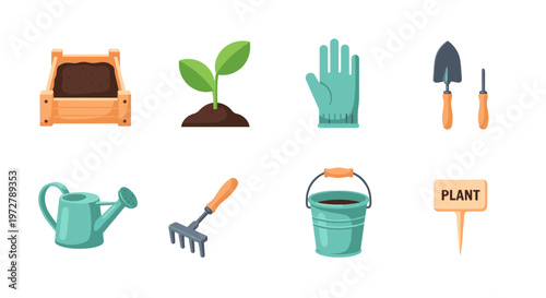 Gardening tools and plants set featuring flat style icons for home