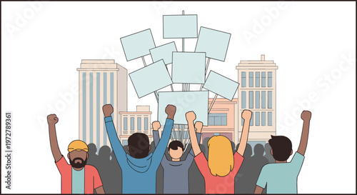 Unified protest in urban setting with raised fists and blank signs