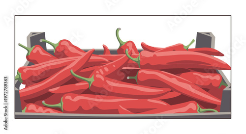 Red chili peppers in wooden crate on white background