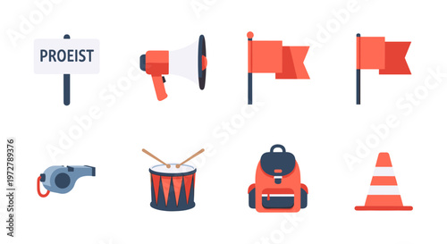 Flat red and blue icon set featuring megaphone flags and backpack