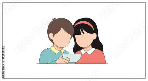 Kids sharing a tablet in modern flat design